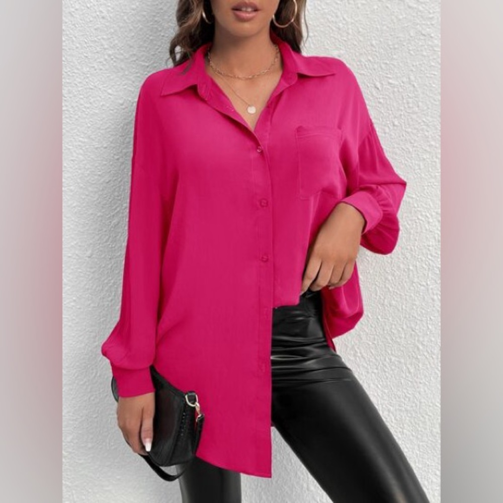 Willow & Thread Bright Pink Button Up Blouse Hidden Button Shirt Lightweight Top